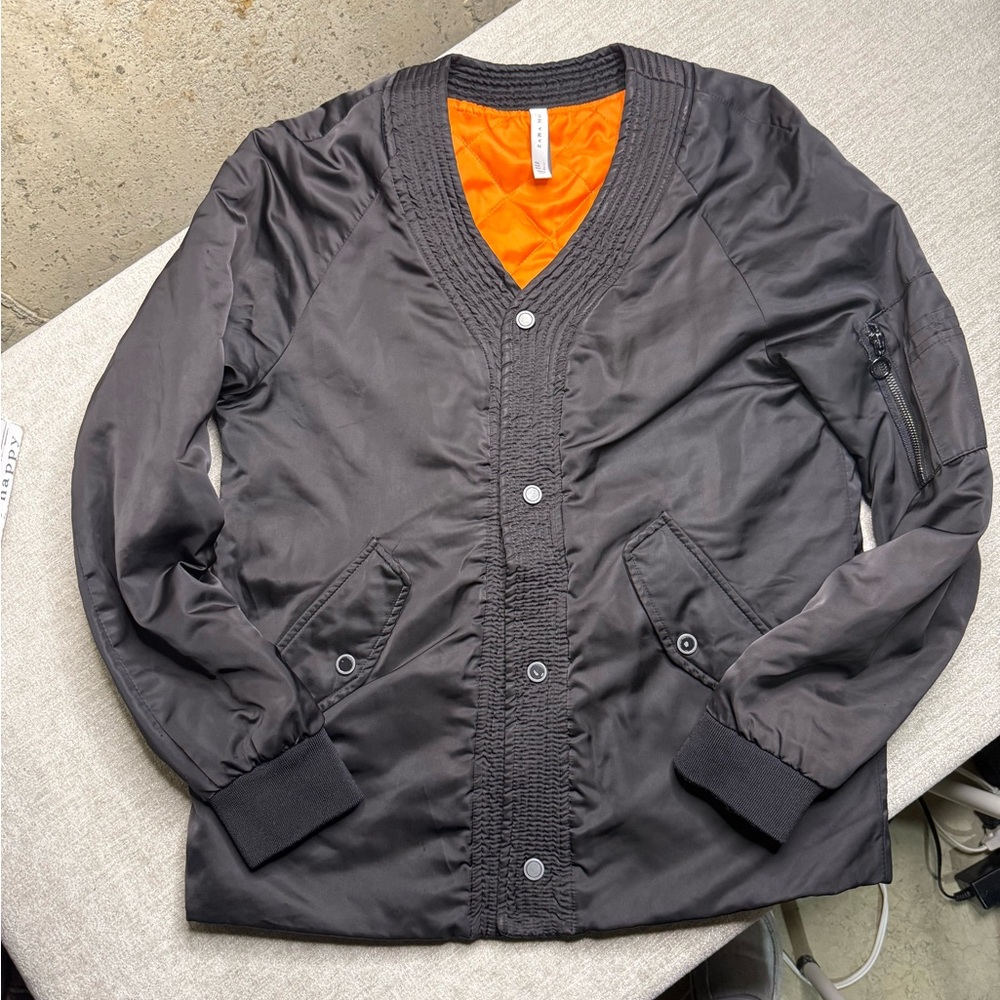 ZARA Man Black Bomber Jacket – Orange Lining – Snap Front – Size Small